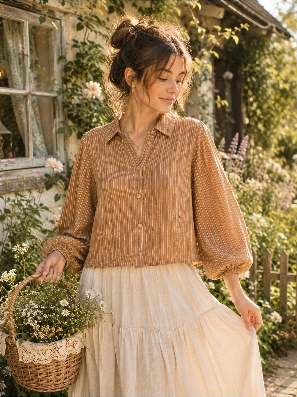 Verona XL Brown Stripe Textured Button Front Puff Sleeve Blouse